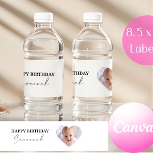 Personalized Birthday Water Bottle Label: Photo Upload, Editable Template
