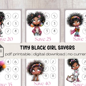 Puede incluir: Descarga digital de "Tiny Black Girl Savers" con ilustraciones de niñas con metas de ahorro. Cada tarjeta tiene una cantidad diferente para ahorrar, desde Save 20 hasta Save 45. Las tarjetas están diseñadas para uso digital.
