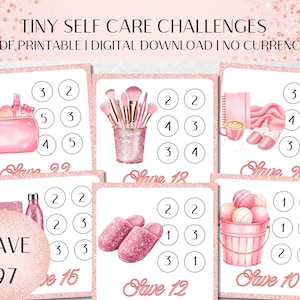May include: Digital download with pink illustrations of self-care challenges. The image shows makeup, brushes, slippers, and bath products. Text includes "Tiny Self Care Challenges" and "Save 97".