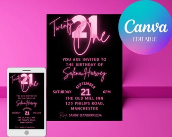 Plantilla de invitación de neón para 21 cumpleaños, invitación para fiesta en rosa y negro, invitación para teléfono móvil (plantilla digital), invitación para fiesta de Evite