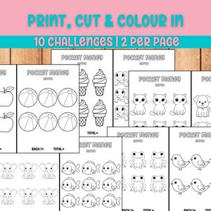 May include: Black and white printable worksheets featuring illustrations of apples, beach balls, ice cream cones, cats, dogs, turtles, frogs, fish, and birds. Text includes "PRINT, CUT & COLOUR IN" and "10 CHALLENGES | 2 PER PAGE".