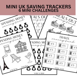 Puede incluir: Un conjunto de seis tarjetas de seguimiento de ahorro en miniatura en blanco y negro. Cada tarjeta presenta un tema diferente, como "Gastos" y "Viajes". Las tarjetas tienen ilustraciones de bolsas de dinero, comida e iconos de viaje. El texto "MINI UK SAVING TRACKERS" está en la parte superior.