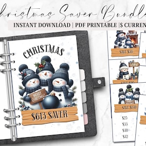 Può includere: Un pacchetto di risparmio natalizio con pagine PDF stampabili. La pagina principale presenta tre pupazzi di neve con il testo "Merry Christmas" e "$613 Saver". Pagine aggiuntive mostrano pupazzi di neve con importi di risparmio.