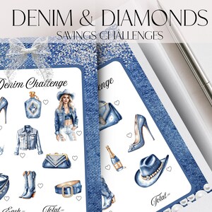 May include: Two illustrated savings challenge sheets with a denim theme. The sheets feature drawings of denim-related items like high heels, a jacket, and a cowboy hat. The text "DENIM & DIAMONDS SAVINGS CHALLENGES" is at the top.