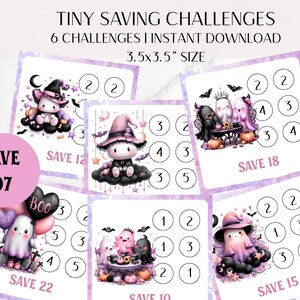 May include: Six Halloween-themed savings challenges, each featuring a cute ghost character with a witch hat, bats, stars, and pumpkins. The cards are 8.89 x 8.89 cm in size, with the text "TINY SAVING CHALLENGES".