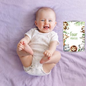 Tarjetas de hitos para bebés, accesorio fotográfico mensual con temática de jungla para bebés, accesorio de hitos con temática de safari, accesorio fotográfico estilo jungla imprimible en verde.
