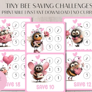 Puede incluir: Desafíos de ahorro imprimibles en rosa con abejas de dibujos animados y corazones. Cada tarjeta presenta un diseño de abeja diferente y círculos numerados para rastrear los ahorros. El texto en la parte superior dice "TINY BEE SAVING CHALLENGES".