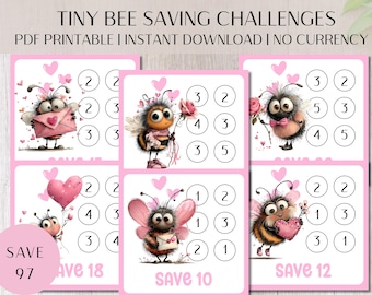 Tiny Pink Bee Savings Challenge: Kids' Money Saving Game, Low Amount Saving Challenges (Digital Download PDF)