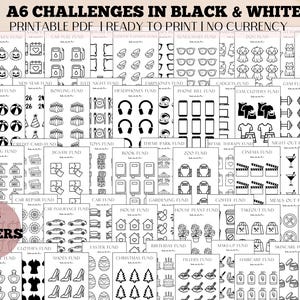 May include: Black and white printable PDF with various A6 challenge designs. The image features 63 savers, including themes like Halloween, travel, and fitness. Text on the image reads "A6 CHALLENGES IN BLACK & WHITE PRINTABLE PDF I READY TO PRINT I NO CURRENCY."