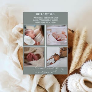 Sage Photo Birth Announcement Template,Baby Birth Card, Printable Newborn Announcement Photo Card, Birth Photo Keepsake, Editable Template.