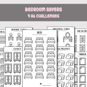 Könnte beinhalten: Schwarz-Weiß-Illustrationen von Schlafzimmermöbeln und -accessoires, darunter Betten, Nachttische und Spiegel. Der Text "Bedroom Savers 9 A6 Challenges" ist oben abgebildet.