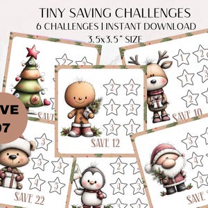 Könnte beinhalten: Eine Sammlung von sechs weihnachtlichen Spar-Challenges, jede mit einem anderen festlichen Charakter. Die Karten sind 8,89 x 8,89 cm groß und zeigen einen Weihnachtsbaum, ein Rentier, einen Lebkuchenmann, einen Bären, einen Pinguin und einen Weihnachtsmann.