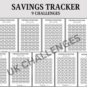 Puede incluir: Un rastreador de ahorro en blanco y negro con el texto "SAVINGS TRACKER" y "9 CHALLENGES". El rastreador incluye múltiples desafíos de ahorro, cada uno con círculos para marcar el progreso. Las cantidades oscilan entre 40€ y 8000€.