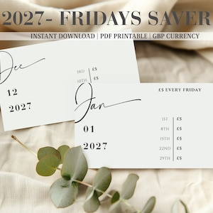Peut inclure: Deux cartes rectangulaires blanches imprimables avec du texte noir et des en-têtes en écriture cursive pour le 2027 Fridays Saver. Une carte indique le 12 décembre 2027, l'autre le 01 janvier 2027, avec une liste de dates et montants de 5 £.