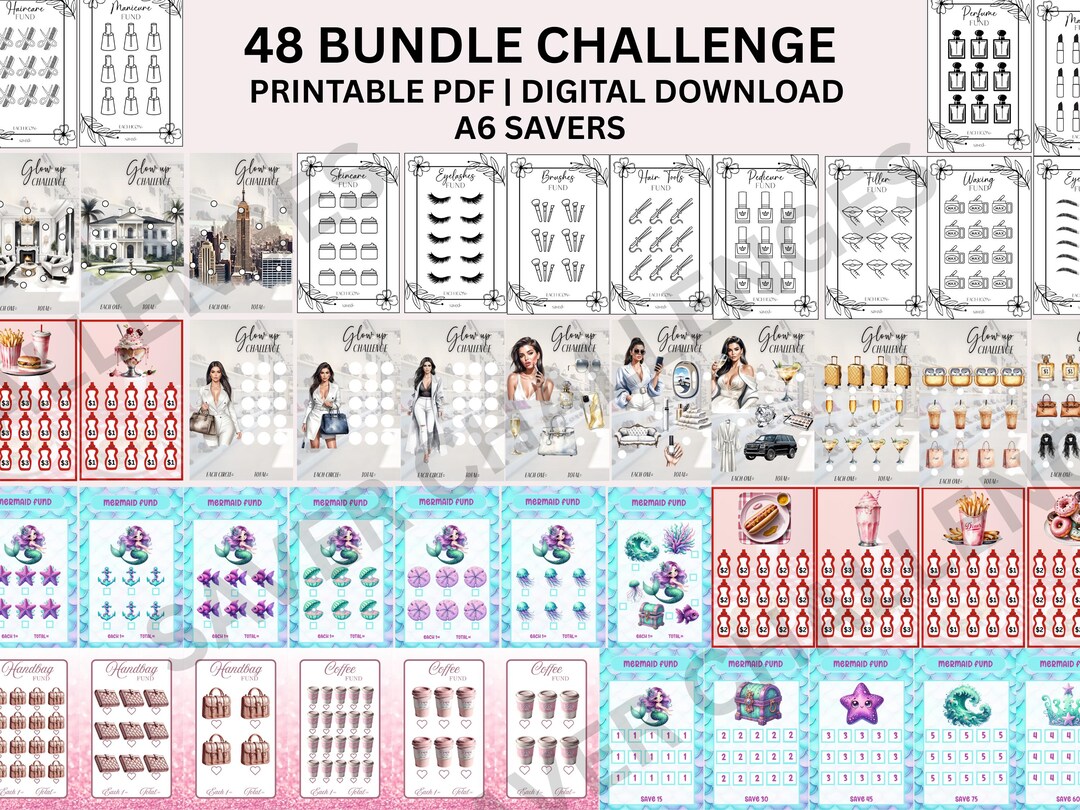 48セットの節約チャレンジバンドル：A6サイズの印刷可能な節約ゲーム、旅行、美容、コーヒー、ショッピングチャレンジ48個（デジタルダウンロード） -  Etsy 日本