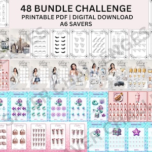 以下が含まれることがあります： 美容製品、ファッション、人魚をテーマにしたデザインなど、さまざまなテーマの印刷可能な PDF デジタルダウンロードのコレクションです。「48 BUNDLE CHALLENGE」と「A6 SAVERS」の文字が表示されています。画像には、メイクアップ、アクセサリー、その他のアイテムのイラストが含まれています。
