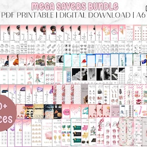 May include: A digital download bundle with the text "MEGA SAVERS BUNDLE" and "PDF PRINTABLE | DIGITAL DOWNLOAD | A6". The image features a collection of printable budgeting and savings trackers, with a pink and white color scheme. Includes over 300 pieces.