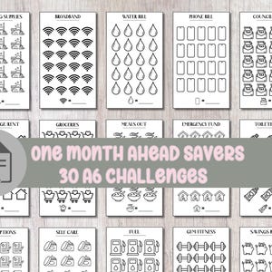 Puede incluir: Planificador financiero imprimible en blanco y negro con categorías como suministros de limpieza, banda ancha y comestibles. El texto "one month ahead savers 30 A6 challenges" se muestra en el centro de la imagen.