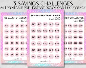 Printable Dollar Savings Fund, Mini Savings Challenge 3 Savers, Girly Savings Challenges, US Currency Savers, Digital Download PDF A6