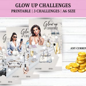Op de afbeelding: A6-formaat afdrukbare Glow Up Challenges. De afbeelding toont drie kaarten met illustraties van vrouwen, modeaccessoires en schoonheidsproducten. Er zijn ook gouden munten.