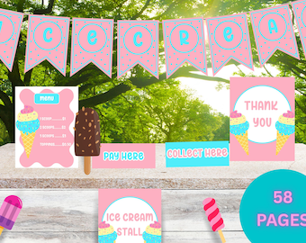Kit imprimible para montar una heladería, imprimibles para juegos de rol infantiles sobre un puesto de helados, PDF (58 páginas, tamaño carta estadounidense)