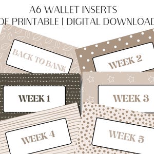 May include: A6 wallet inserts with text that reads "BACK TO BANK" and "WEEK 1" through "WEEK 5". The inserts have various patterns, including leaves, dots, and stripes, in neutral tones. The text "PDF PRINTABLE | DIGITAL DOWNLOAD" is at the top.