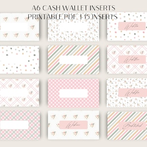 Puede incluir: Un conjunto de tarjetas para cartera A6 con diversos diseños florales, lunares y a rayas, en tonos pastel. El texto "A6 CASH WALLET INSERTS PRINTABLE PDF | 15 INSERTS" es visible. Algunas tarjetas tienen etiquetas de texto.