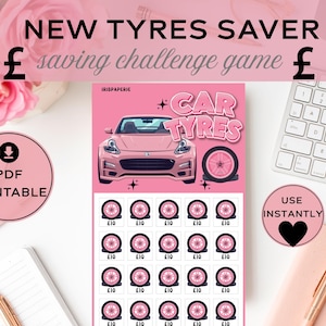 以下が含まれることがあります： ピンク色のスポーツカーのイラスト、CAR TYRESの文字、そしてそれぞれ£10とラベル付けされた20個の円形タイヤアイコンのグリッドが特徴の、印刷可能なピンク色のカータイヤ貯金チャレンジゲーム。上部にはIRISPAPERIEのブランド名が記載されています。