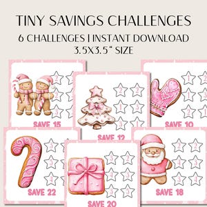 May include: Printable savings challenges in pink and white, featuring gingerbread people, a Christmas tree, a mitten, a candy cane, a gift, and Santa Claus. Each card is 8.89 x 8.89 cm and has a star rating system.