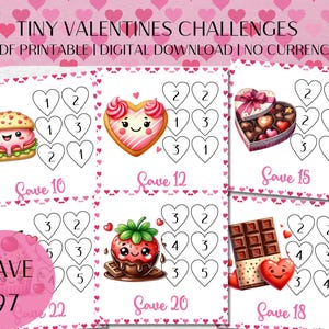 May include: A digital download with Valentine's Day challenges. The image shows cards with illustrations of a burger, heart-shaped cookie, chocolates, strawberry, and chocolate bar. Each card has a set of hearts with numbers.