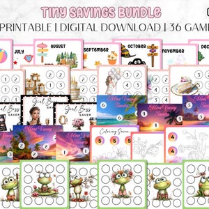 May include: A collection of printable digital download games, featuring a variety of themes and illustrations. The games are organized by month, with colorful graphics and the text "Tiny Savings Bundle". Includes images of frogs, cakes, and vacation scenes.