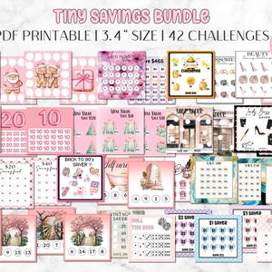 Può includere: Una raccolta di sfide di risparmio stampabili in PDF rosa. Il testo "Tiny Savings Bundle" e "3.4" Size | 42 Challenges" sono in alto. Le sfide includono temi come "Mini Xmas", "Shop Saver" e "Lady Boss Saver".