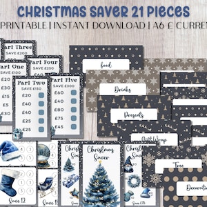 Può includere: Una collezione di tracker di risparmio stampabili a tema natalizio. Il design include un albero di Natale, scatole regalo e fiocchi di neve. Il testo include "Christmas Saver 21 Pieces" e categorie come "Cibo", "Bevande" e "Regali".