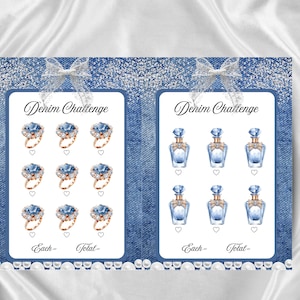 May include: Two cards with a denim background and the text "Denim Challenge". One card features illustrations of gold rings with blue gemstones, the other shows perfume bottles. Both cards have a silver bow at the top.