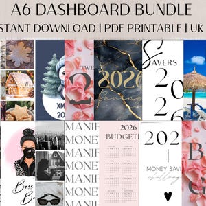 Op de afbeelding: Een verzameling A6 dashboard-inserts met diverse ontwerpen. Bevat winterse taferelen, bloempatronen en afbeeldingen met tekst zoals "2026 Budget" en "Money Saving Challenge". Directe download.