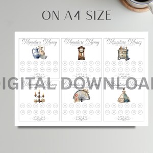 May include: A printable A4 sheet featuring six individual savings tracker cards titled Miniature Money. Each card displays a unique vintage illustration, including a pitcher, clock, dresser, candelabra, fan, and dress, with circular icons for tracking.