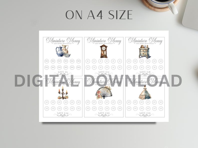 May include: A printable A4 sheet featuring six individual savings tracker cards titled Miniature Money. Each card displays a unique vintage illustration, including a pitcher, clock, dresser, candelabra, fan, and dress, with circular icons for tracking.