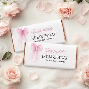 Pink Bow Chocolate Wrapper Template: Editable Birthday Party Favor