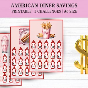May include: Printable American Diner Savings challenges in A6 size. The image features three cards with illustrations of diner food like a milkshake, hot dog, and fries. Each card has spaces to track savings, with a golden dollar sign on the right.
