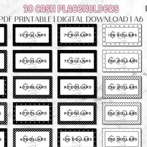 Op de afbeelding: Een verzameling zwart-witte contante placeholders met verschillende dollarbedragen, van $1 tot $800. Elke kaart heeft een gestippelde of patroonrand en het woord "saved". De tekst "30 CASH PLACEHOLDERS" staat bovenaan.