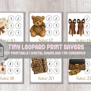 Puede incluir: Seis tarjetas imprimibles con estampado de leopardo, cada una con un diseño diferente: flores, un oso de peluche, tacones altos, un frasco de perfume, un lazo, un bolso y un cinturón. Cada tarjeta tiene una cantidad de ahorro diferente, de 10 a 22.