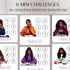Puede incluir: Descarga digital con seis mini desafíos, cada uno con un objetivo de ahorro diferente. Las ilustraciones representan a mujeres negras, y el texto incluye "6 MINI CHALLENGES" y "A6 CHALLENGE | INSTANT DOWNLOAD". Se muestran objetivos de ahorro, como "Save 10" y "Save 22".