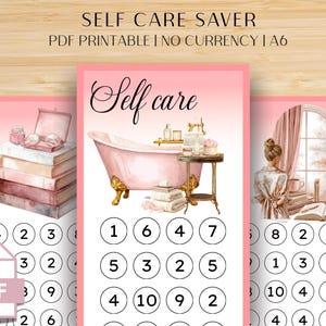 May include: A printable PDF with a pink and white design, featuring the words "SELF CARE SAVER" and "Self care". The design includes illustrations of a bathtub, books, and a woman by a window. The image also has numbered circles.