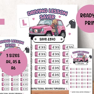 以下が含まれることがあります： ピンクの車のイラスト、DRIVING LESSON SAVERの文字、£35と書かれた複数のボックスが特徴の印刷可能な運転レッスン貯金トラッカー。車の横に立つ人物、車の鍵、SAVE £840およびSAVING TODAY, DRIVING TOMORROWというテキストが含まれています。