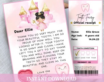 Editable Tooth Fairy Letter and Receipt Set: Pink & Gold (Printable PDF Template)