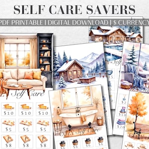 Può includere: Un tracker di risparmio digitale PDF stampabile intitolato SELF CARE SAVERS. I fogli presentano illustrazioni ad acquerello di accoglienti soggiorni, baite innevate, vasche da bagno e panchine da parco autunnali con importi sotto le icone.