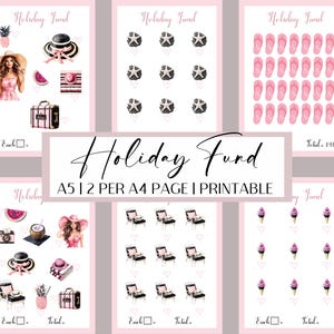 Op de afbeelding: Een printbare A5-vakantie-fonds tracker met roze en zwarte illustraties van slippers, ijshoorns, zonnebrillen, koffers en palmbomen. De tekst "Holiday Fund" is in zwart op een witte achtergrond geschreven. De tekst "A5 | 2 per A4 page | Printable" is in zwart op een witte achtergrond geschreven.