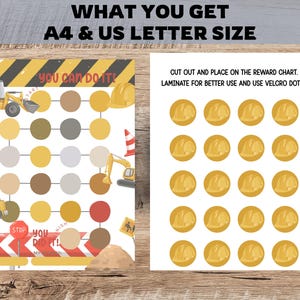 Op de afbeelding: Twee afdrukbare beloningskaarten met graphics met bouwthema. Eén kaart heeft een raster van cirkels met bouwmachines en de tekst "YOU CAN DO IT!". De tweede kaart heeft afbeeldingen van gele bouwhelmen. De tekst "WHAT YOU GET A4 & US LETTER SIZE" staat bovenaan.