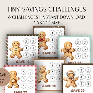 May include: A set of six printable savings challenges with gingerbread men illustrations. Each card, sized 8.9 x 8.9 cm, has a different savings target, such as "Save 10" and "Save 22". The cards are decorated with colorful borders and numbered circles.