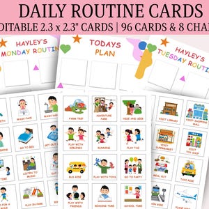 Könnte beinhalten: Tägliche Routinekarten mit editierbaren Karten von 5,8 x 5,8 cm. Die Karten zeigen Illustrationen für tägliche Aktivitäten, wie Zähneputzen, Schlafengehen und Spielen. Das Set enthält 96 Karten und 8 Diagramme.